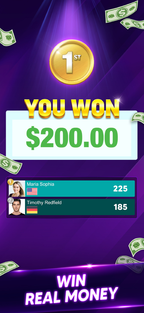 Pool Clash: 8 Ball Pool Game - Pantalla de victoria en Pool Clash mostrando un premio de doscientos dólares y las clasificaciones de la tabla de jugadores.