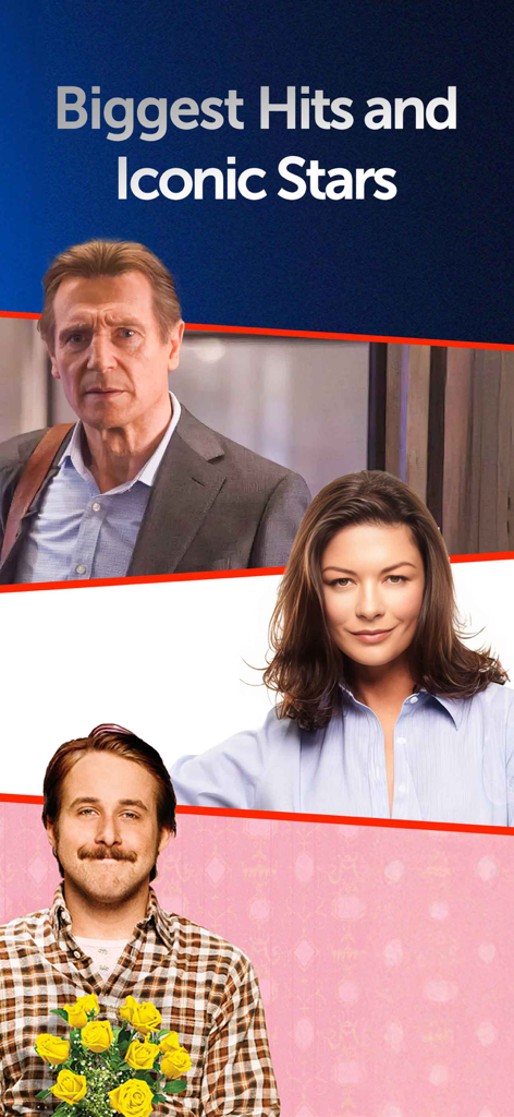 Promotional banner for Fawesome showing famous actors Liam Neeson Catherine Zeta-Jones and Ryan Gosling with the text Biggest Hits and Iconic Stars
