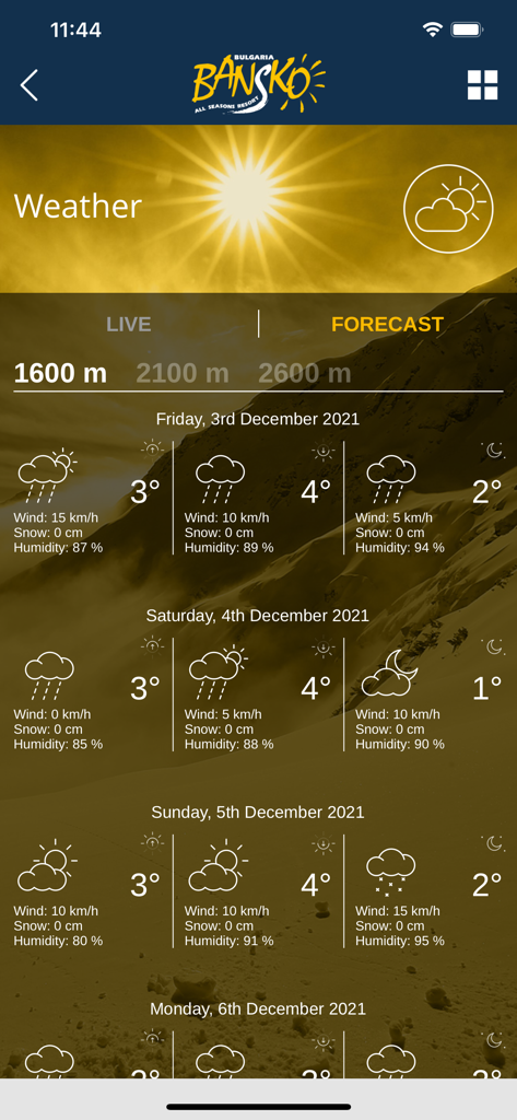 Bansko Ski app weather forecast screen showing four-day mountain conditions
