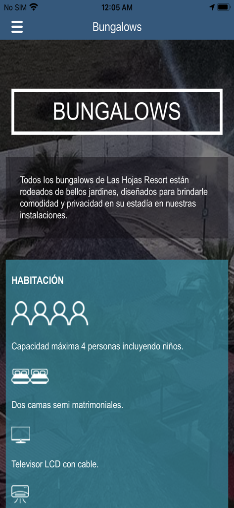 Las Hojas Resort - Pantalla de la aplicación móvil mostrando detalles y comodidades de los bungalows para Las Hojas Resort.