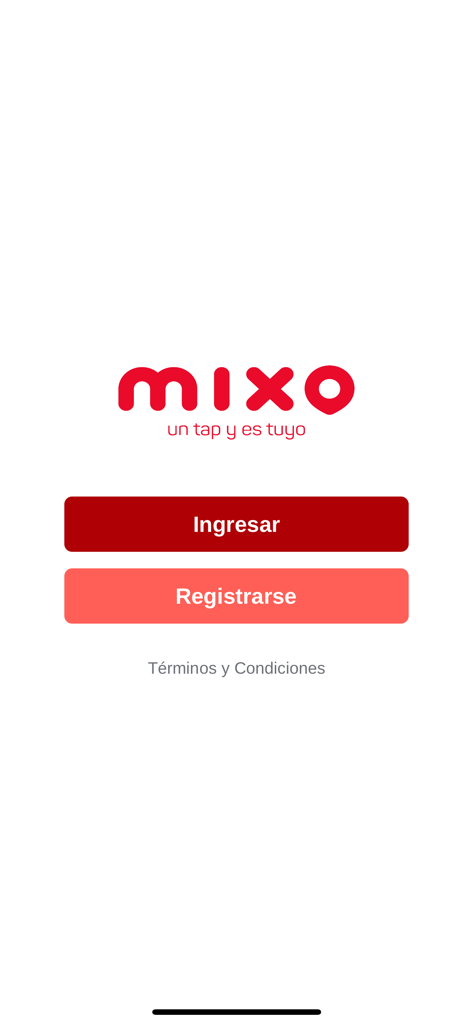 Mixo shopping app welcome screen with login and registration buttons