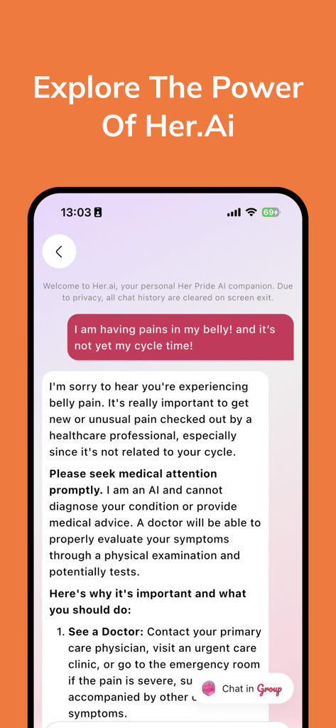 Her Pride - Screenshot of the Her Pride app showing an AI assistant providing medical advice for health concerns.