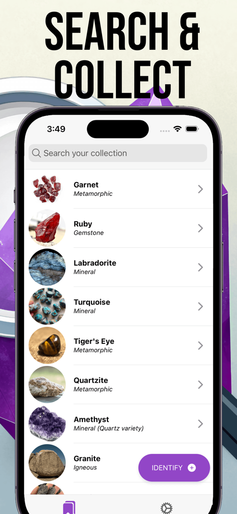 Rock Identifier - Crystal Id - Interface of the Rock Identifier app showing a list of searched and collected crystals and minerals