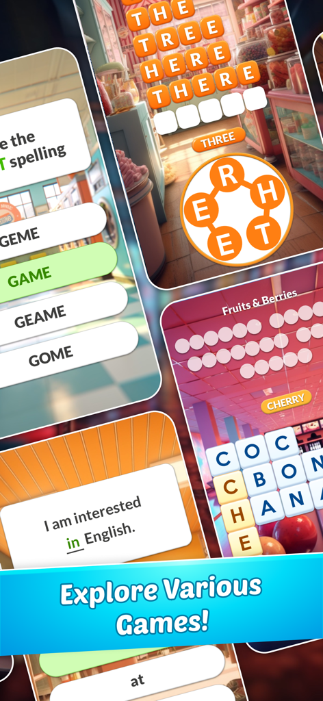 Word Shop - Fun Spelling Games - Multiple gameplay screenshots of Word Shop showing word search puzzles and grammar quizzes.