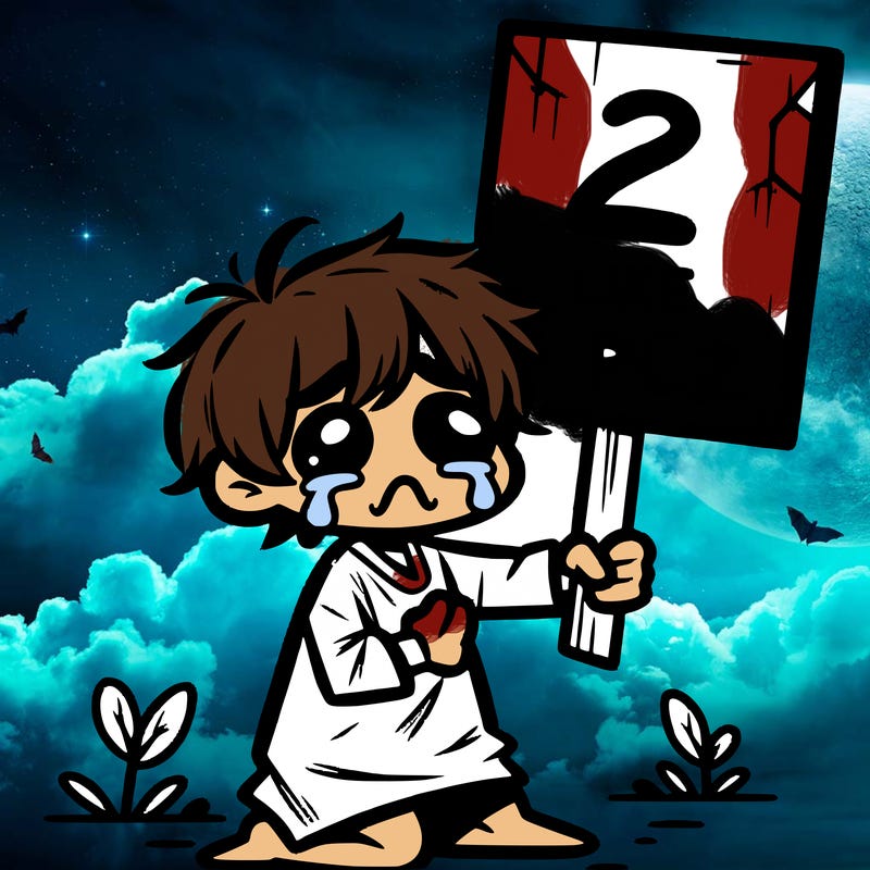 small poor toddler crying with sign that says 2 like plz