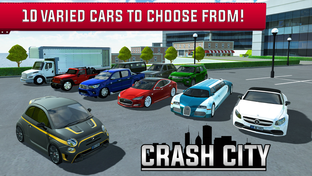 Crash City: Heavy Traffic Drive - A collection of ten different cars in a parking lot from the Crash City mobile game