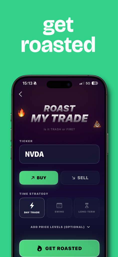 STRATA app interface for the Roast My Trade feature where AI analyzes a trade setup for NVDA