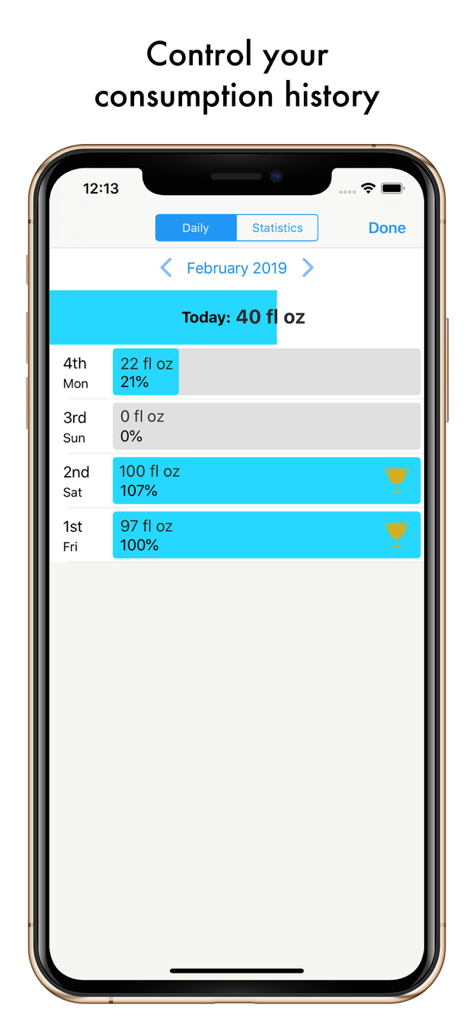 Drink Water ∙ Daily Reminder - Mobile app screen showing a daily log of water intake history and hydration statistics