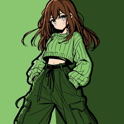anime teen girl with baggy pants and crop top with sweater