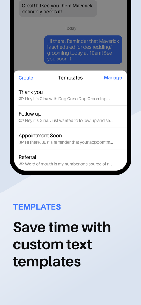 Custom text message templates for business communication in the Index app.