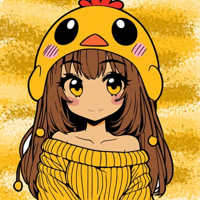 anime girl with chick shaped hat with sweater with bare shoulders with bangs covering them one eye with low tail