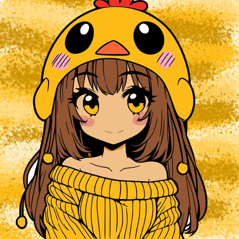 anime girl with chick shaped hat with sweater with bare shoulders with bangs covering them one eye with low tail