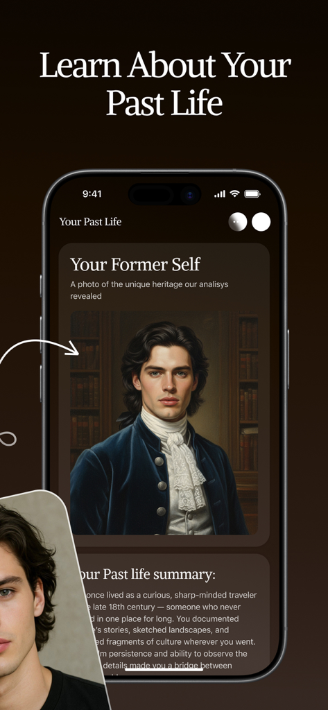 My Heritage & Ancestry: EDNA - EDNAアプリの過去世の要約画面。歴史的な肖像画の解釈が表示されています。