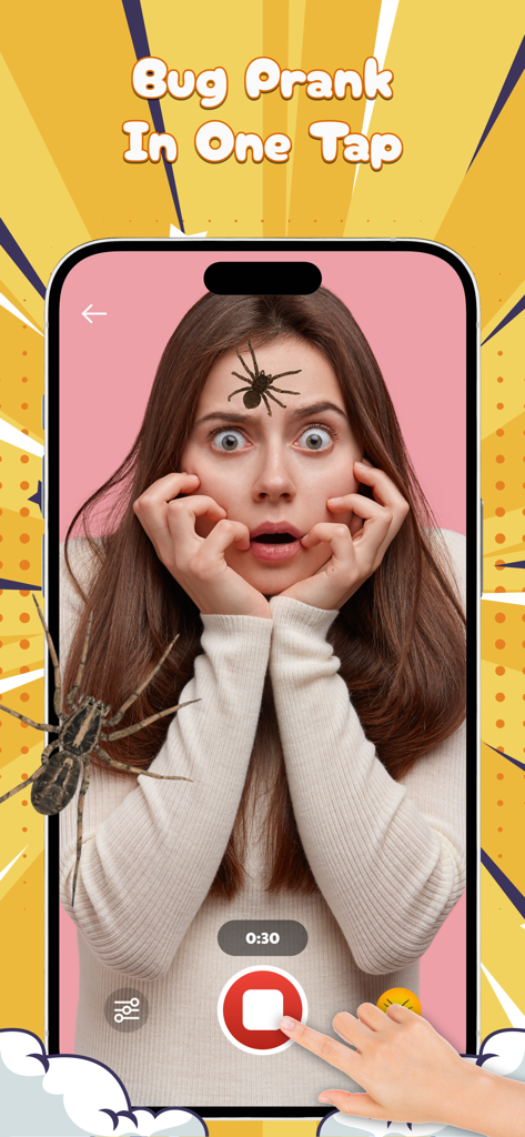 A shocked woman with a realistic spider filter on her forehead inside the bug prank app