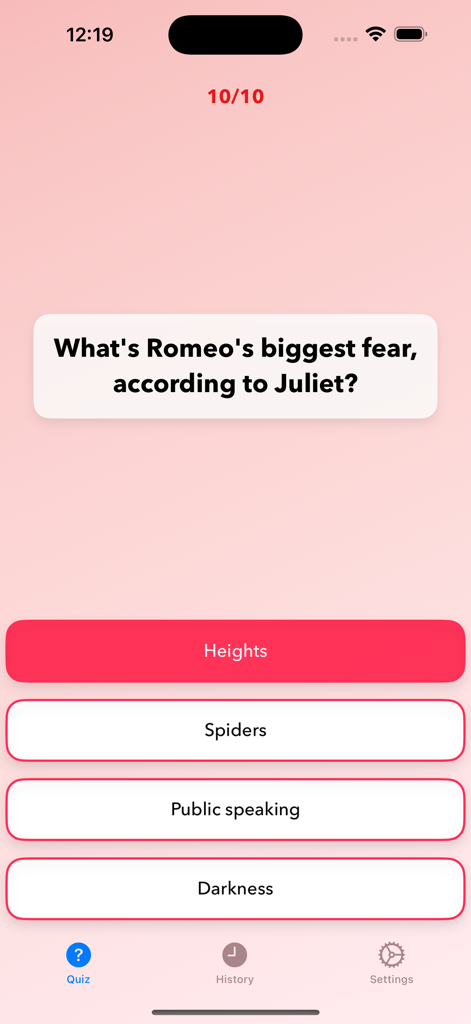 Ein Beziehungsquiz-Bildschirm aus der MyLove App, der eine Frage nach der größten Angst eines Partners mit mehreren Antwortmöglichkeiten stellt.