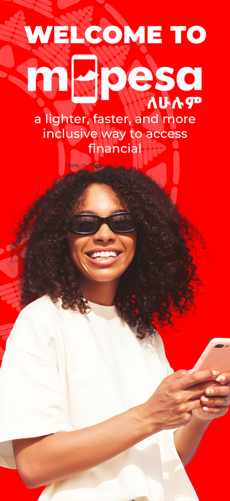 M-PESA Lehulum - Una joven sonriente sosteniendo un smartphone con el logo de M-PESA Lehulum y un mensaje de bienvenida sobre un fondo rojo.