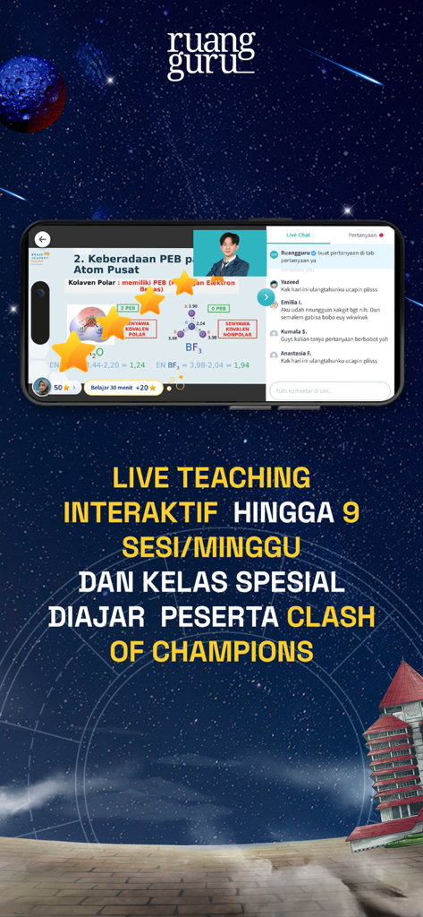 Ruangguru – App Belajar No.1 - Ruangguru mobile app interface showing an interactive live chemistry class with a teacher and student chat