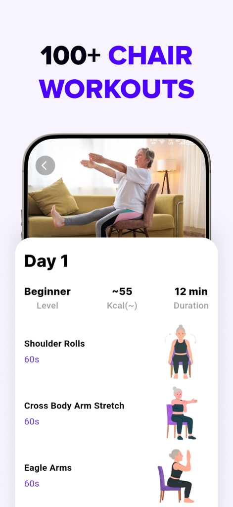 Tai Chi Walking & Chair Yoga - Aplicativo Caminhada Tai Chi e Yoga na Cadeira mostrando uma rotina de treino sentada para iniciantes com guias visuais para idosos
