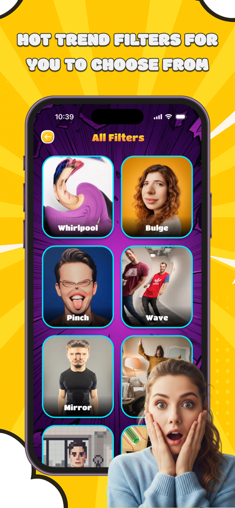 Whirlpool Challenge Filter app interface showing trending video effects like Whirlpool Bulge and Wave