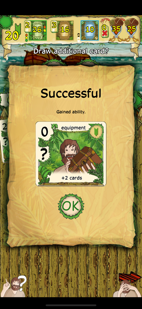 Friday - by Friedemann Friese - Erfolgsbildschirm in der Friday Brettspiel-App, der den Erhalt einer Ausrüstungskartenfähigkeit zeigt