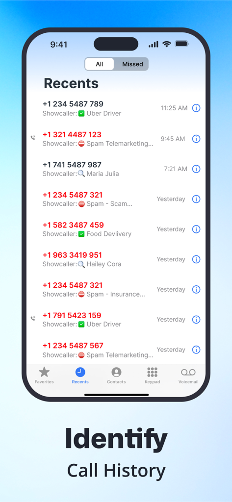 A mobile app interface displaying recent call history with identified callers such as Uber drivers, food delivery, and labeled spam telemarketing numbers.