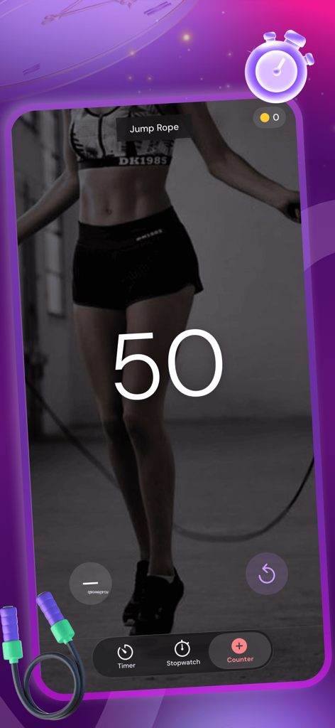 Tikao - Fonction de compteur de l'application Tikao montrant cinquante répétitions pour un entraînement à la corde à sauter avec une interface minimaliste