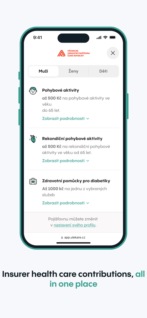 uLékaře.cz - uLékaře.cz app displaying various insurer health care contributions and benefits.