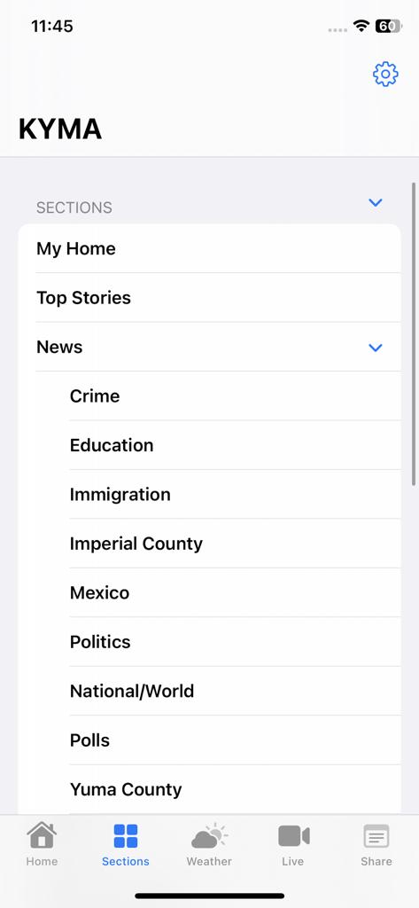 KYMA Yuma, El Centro News - KYMA news app navigation menu showing local news categories like crime education and immigration