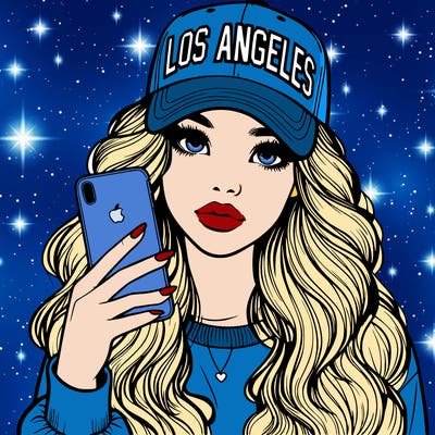 realistic beautiful girl wearing los ángeles cap holding an iphone