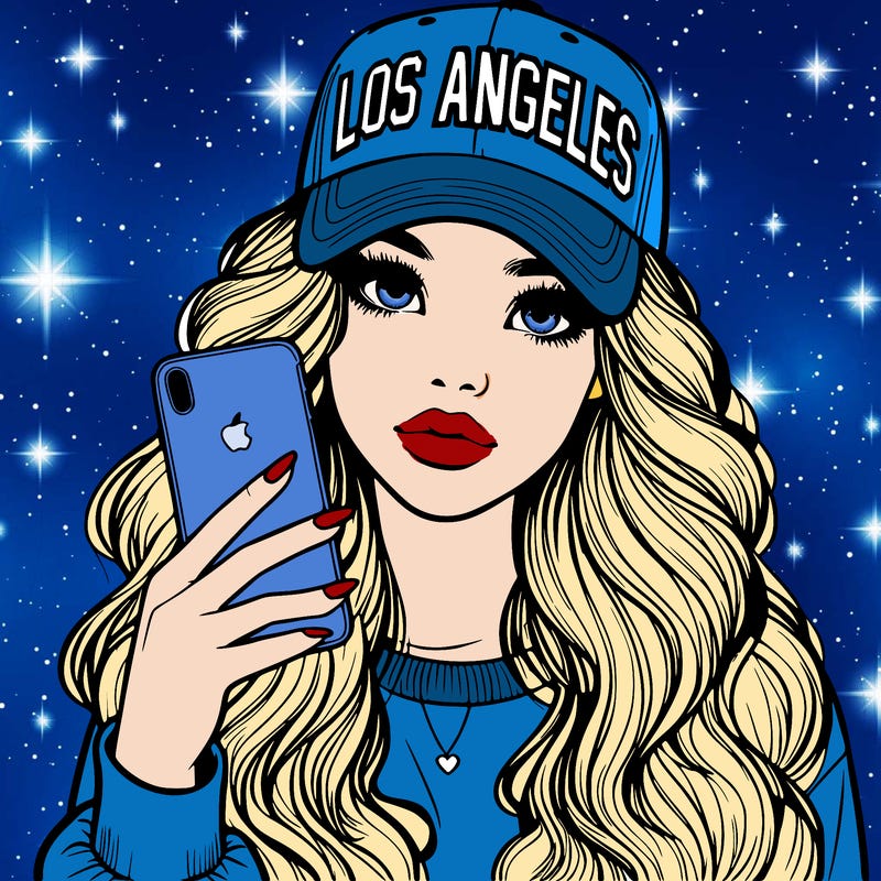realistic beautiful girl wearing los ángeles cap holding an iphone
