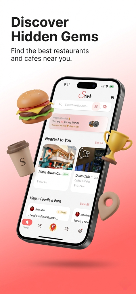Savr: Find Restaurants & Cafes - Savr app interface for discovering restaurants and cafes with gamification features