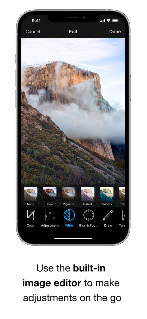 GoCamera – PlayMemories Mobile - GoCamera app interface showing photo editing tools and filters on an iPhone screen