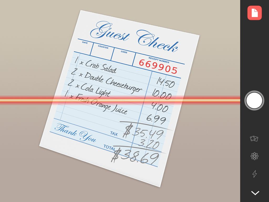 Schermata dell'iPad che scansiona la ricevuta di un ristorante.