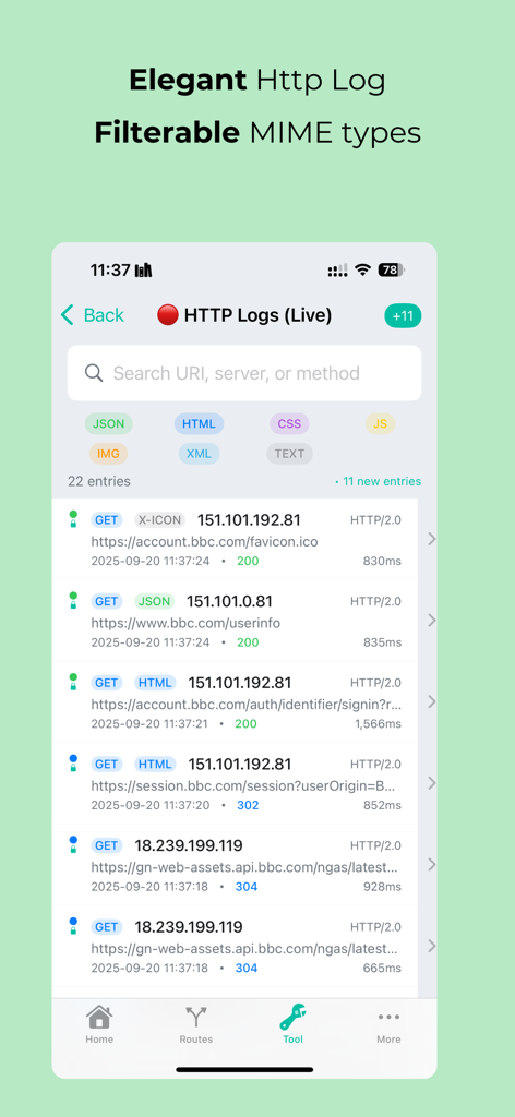 MintFlow NetStack - MintFlow NetStack live HTTP logs interface with MIME type filters