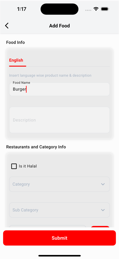 Mazoneat Restaurant - Screen of Mazoneat Restaurant app showing the interface to add a new food item with name and category fields
