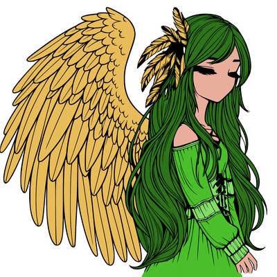 realistic girl with bird wings and some feathers in her hair