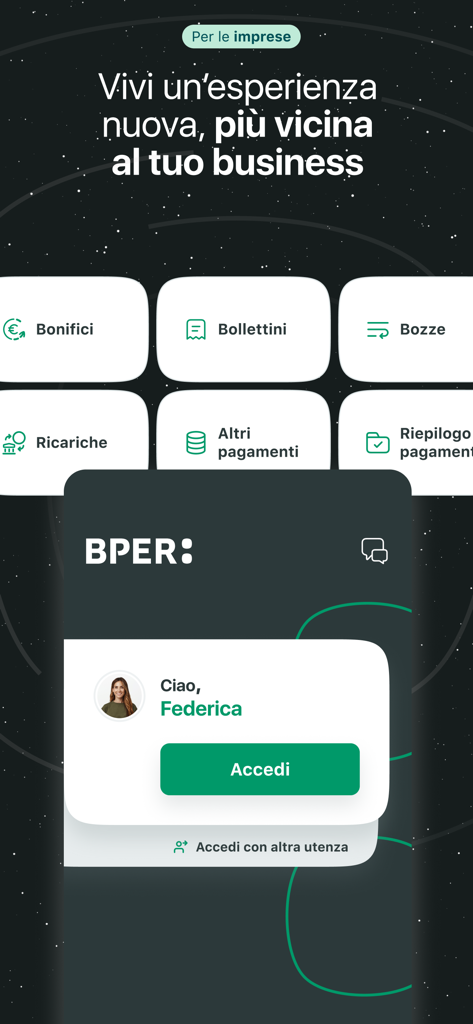 BPER Banca business banking login screen with payment options.
