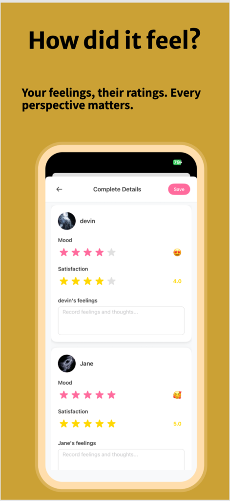 IntiMates: Sex Tracker - Pantalla de la aplicación IntiMates para registrar el estado de ánimo de la pareja y las calificaciones de satisfacción.