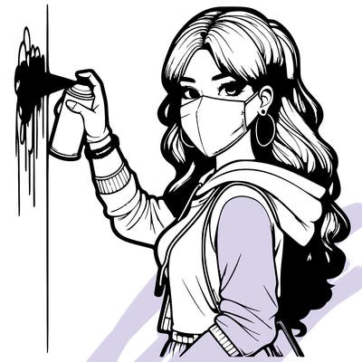 realistic girl with mask spray painting a wall