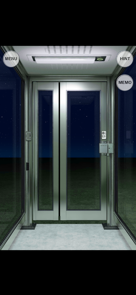 Uma visão em primeira pessoa de dentro de uma cabine telefônica de vidro à noite no jogo de quebra-cabeça Escape from P-BOX.