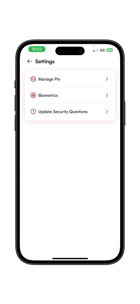 Indo Wallet - Indo Wallet app security settings screen showing options for PIN management biometrics and security questions