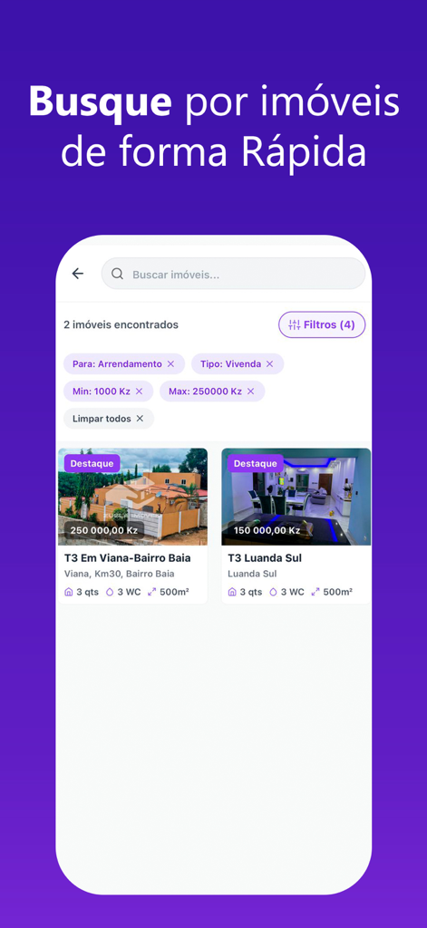 Zuela Imoveis - Zuela Imoveis app interface showing property search results and filters for real estate in Angola