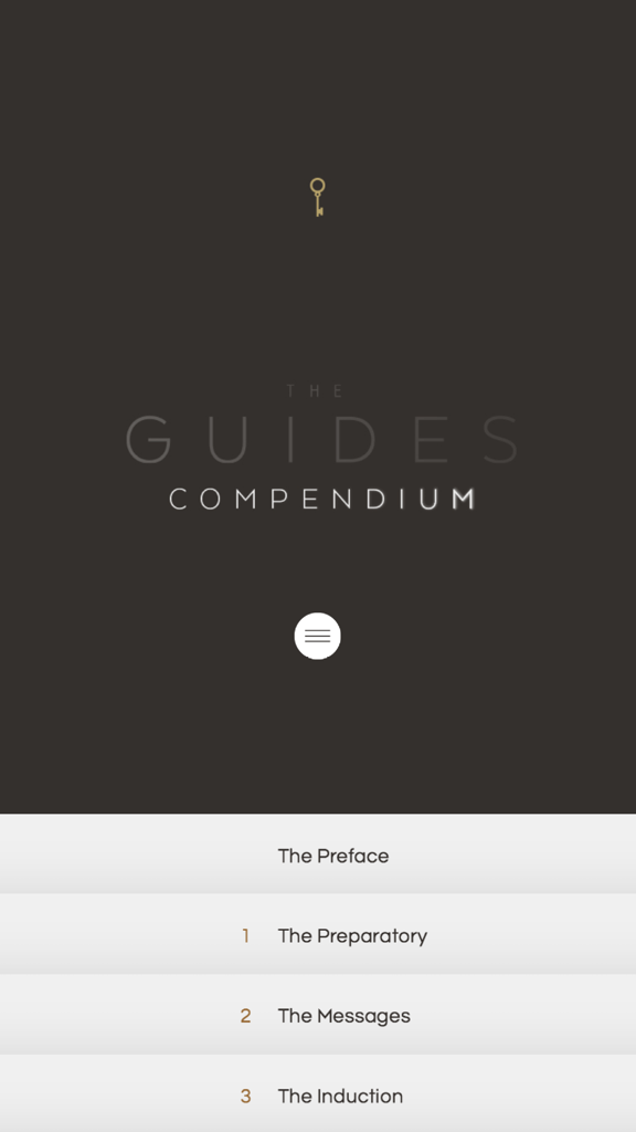 Hauptmenü-Bildschirm von The Guides Compendium mit dem Titel und einer Liste der Kapitel.