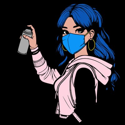 realistic girl with mask spray painting a wall