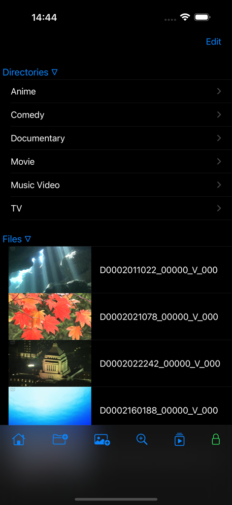 Interface of the Vidir app showing organized video directories and a list of saved files in dark mode.