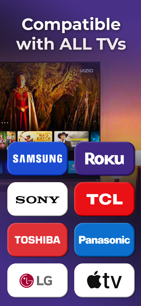 TV Remote for All TV - Lista de marcas de smart TV compatibles, incluyendo Samsung Roku Sony y LG, para la aplicación de control remoto universal
