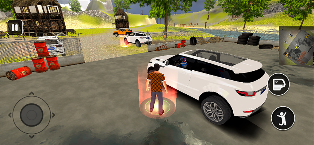 A gameplay screenshot of Offroad Simulator Car Driving showing a character standing next to a white SUV in an outdoor garage area.