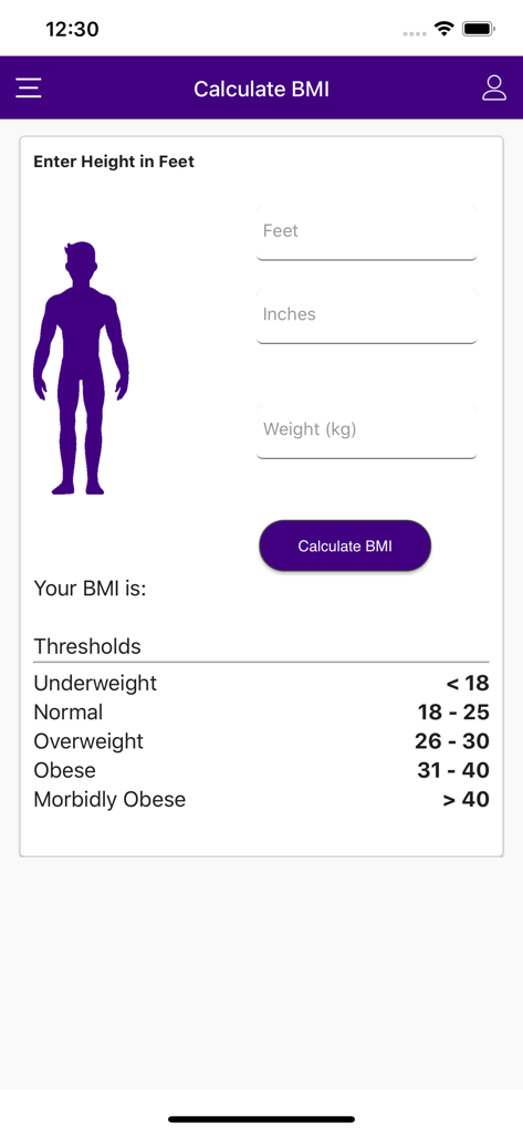 Interfaccia dello strumento calcolatore di IMC all'interno dell'app mobile Prohealth che mostra campi di input per altezza e peso e una tabella di soglie di IMC.