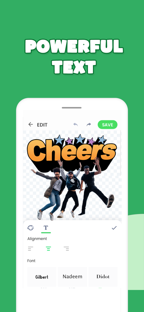 Mobile app interface showing font selection and alignment tools for adding text to custom WhatsApp stickers.