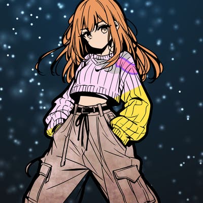 anime teen girl with baggy pants and crop top with sweater